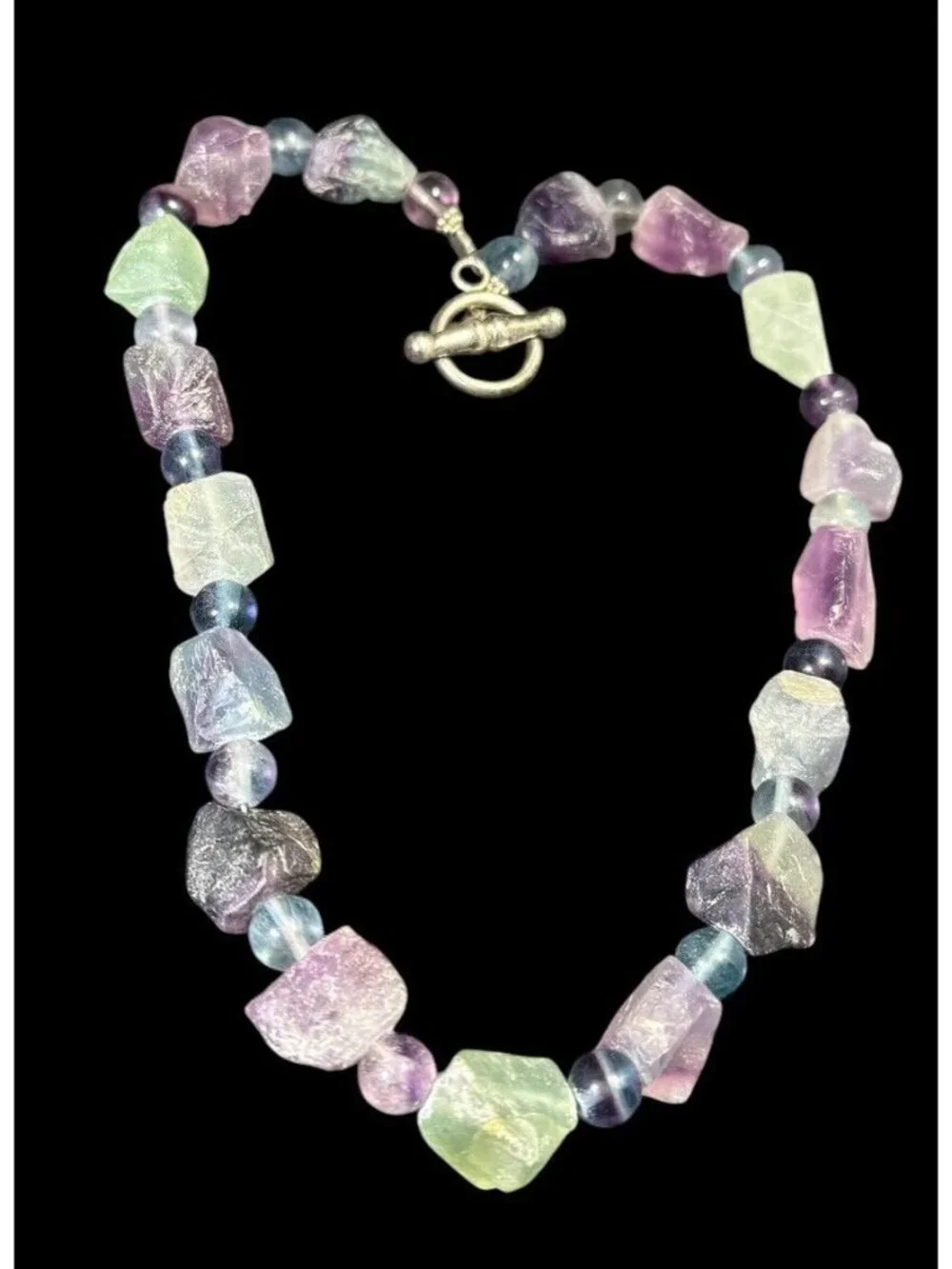 Vintage Sterling Silver Raw Fluorite Necklace Crystal Beaded Toggle 17”